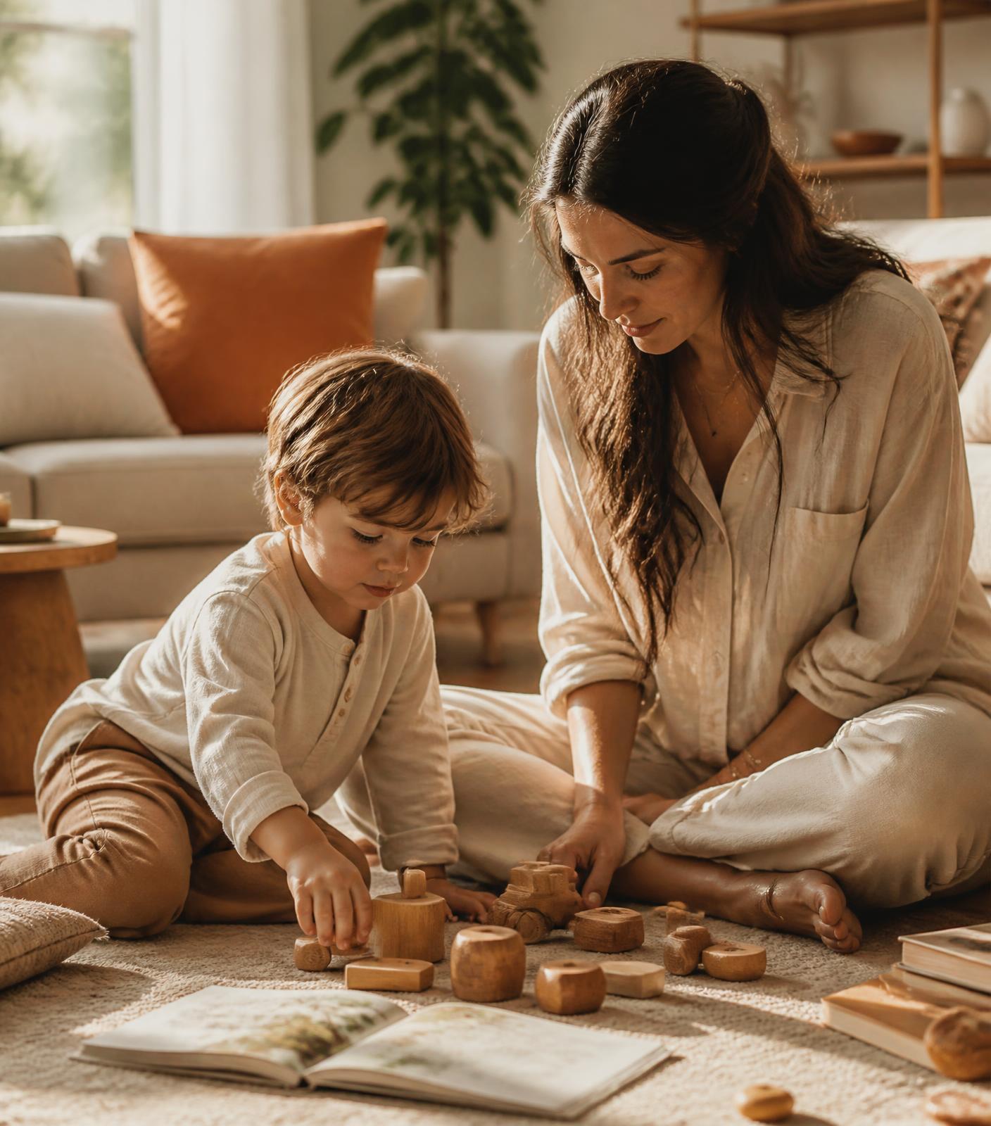 A parent and her young child playing with wooden blocks and picture books at home